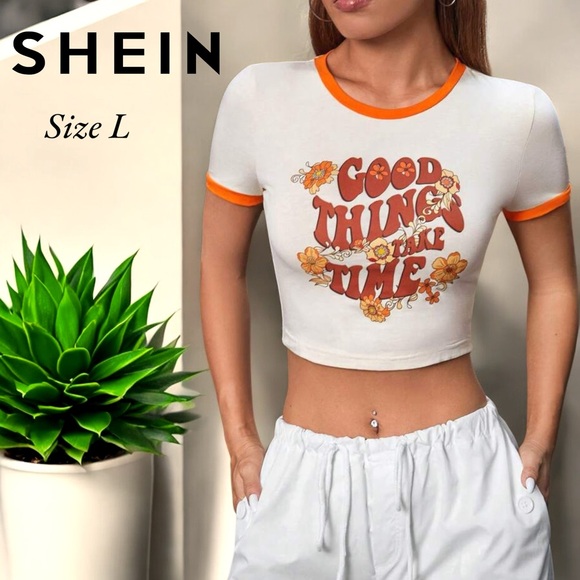 SHEIN Tops - “Good Things Take Time” Slogan Contrast Graphic Cropped Tee